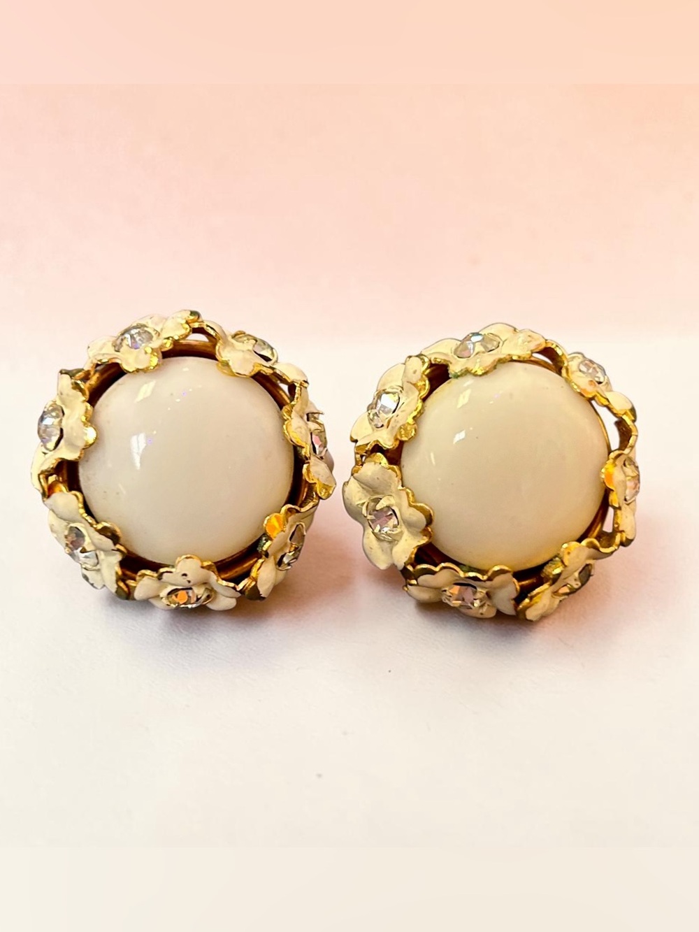 Vintage SANDOR Milk Glass Enamel Rhinestone Earrings Clip-ons